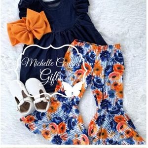 2pc Girls Boutique Outfit set, Floral Flair Bell Bottoms with Denim Ruffle Top